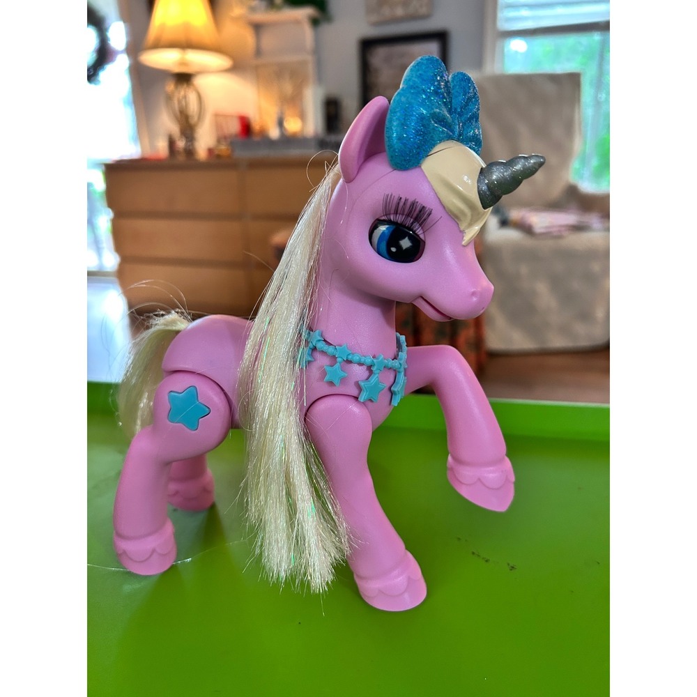 Pets Alive Pink Unicorn Toy Figure with Glitter Blue Bow Silver Horn and hair